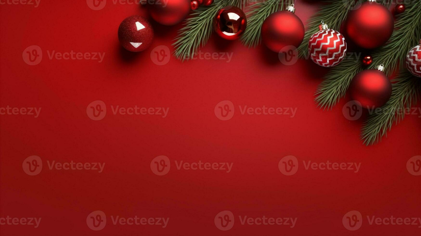 rot Hintergrund, dekoriert mit Weihnachten Ball, Kopieren Raum oben Sicht, luxuriös Dekoration Hintergrund ai generiert foto