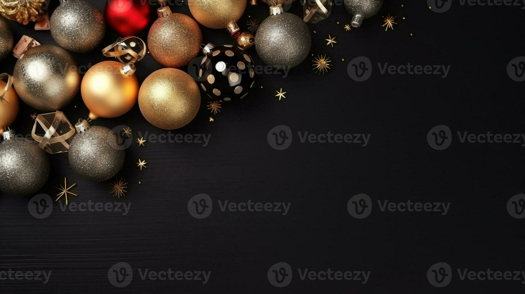 Weihnachten Dekorationen auf Hintergrund. Rahmen von golden Weihnachten Kugeln, oben Sicht, Sterne, ai generativ foto