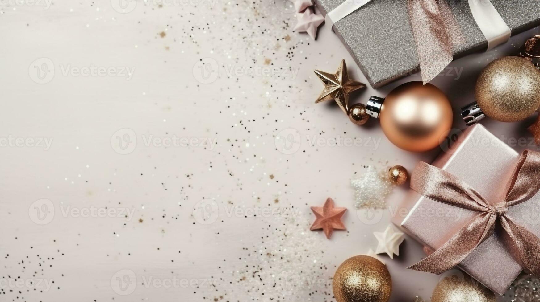 Weihnachten Dekorationen auf Hintergrund. Rahmen von golden Weihnachten Kugeln, oben Sicht, Sterne, ai generativ foto