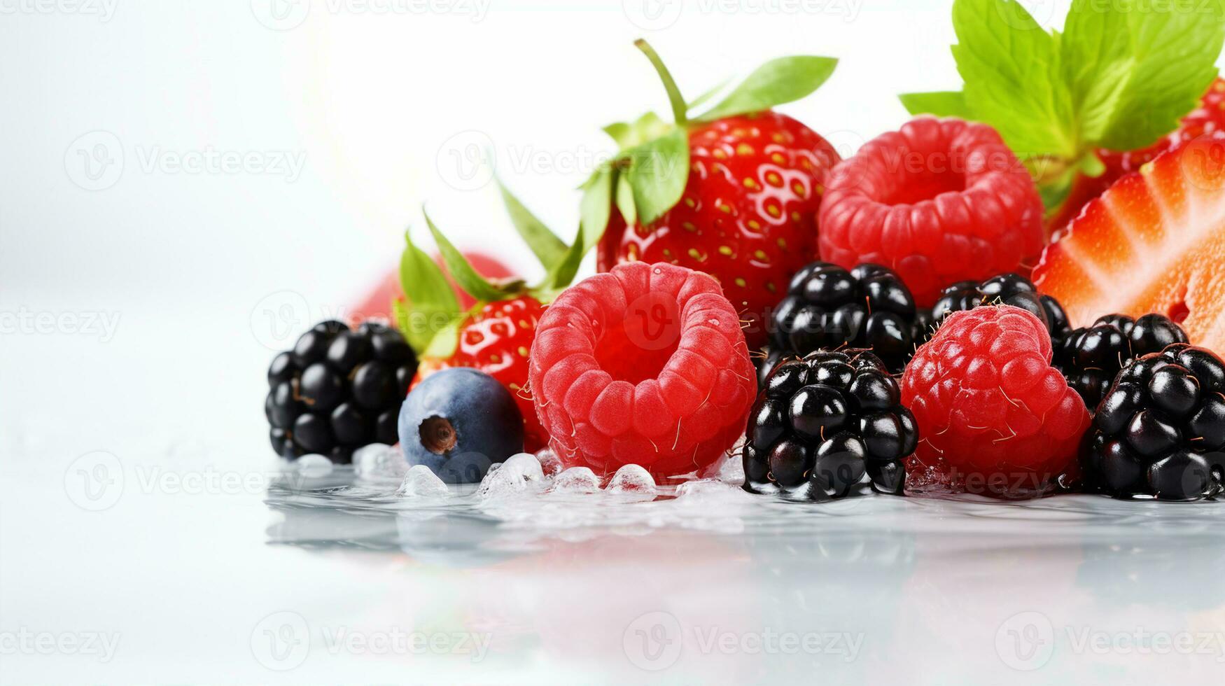 frisch, beschwingt Beeren einschließlich Erdbeeren, Himbeeren, Blaubeeren, und Brombeeren, mit Minze Blätter, glitzernd mit Tau. generativ ai foto