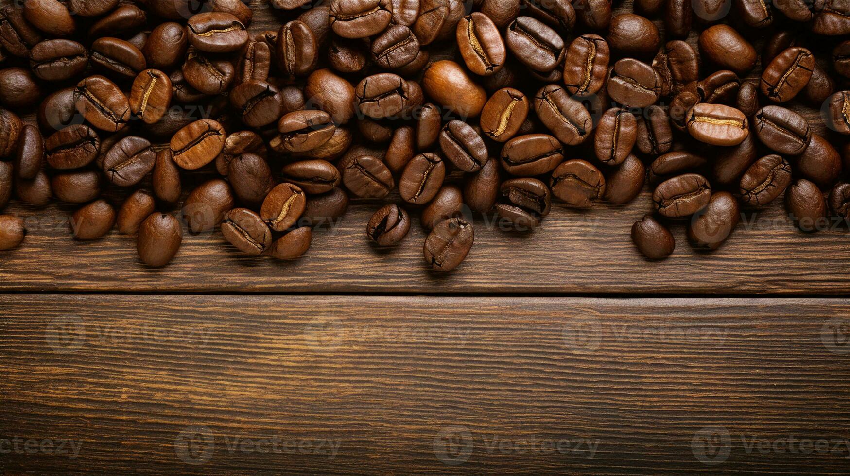 geröstet Kaffee Bohnen verstreut auf ein rustikal hölzern Hintergrund, Erfassen das Wesen von ein frisch brauen. generativ ai foto