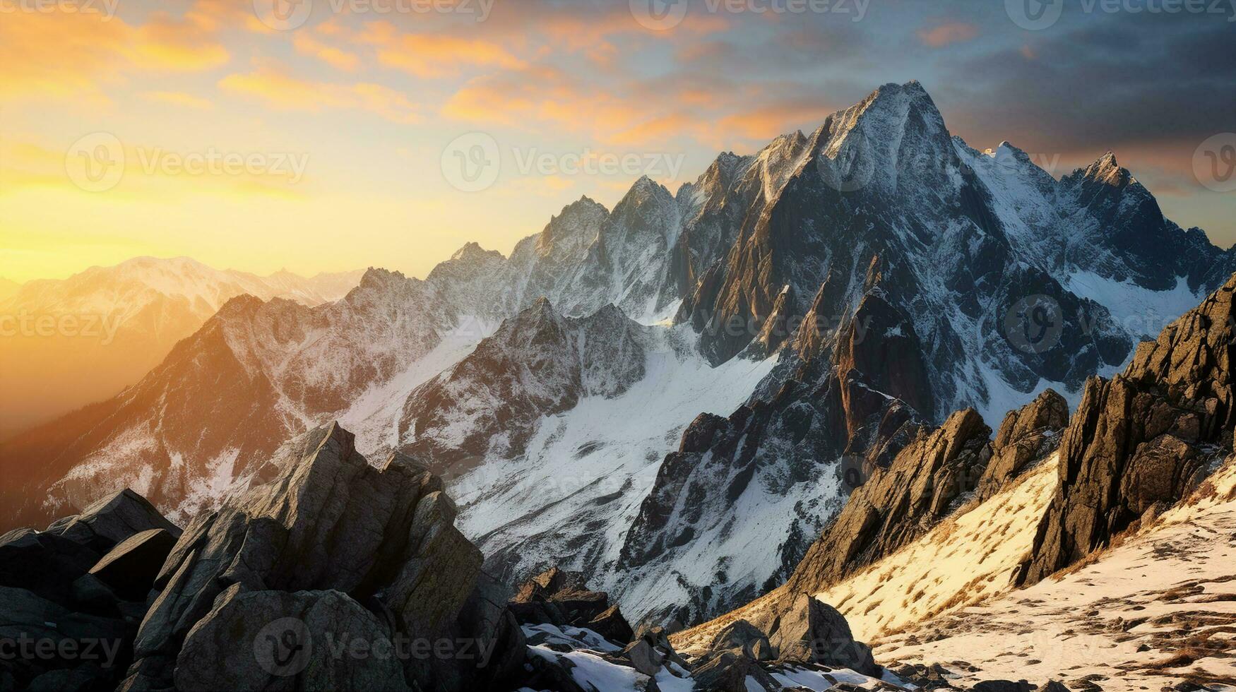 majestätisch Berg Gipfel beleuchtet durch golden Sonnenlicht gegen ein beschwingt Abend Himmel. generativ ai foto