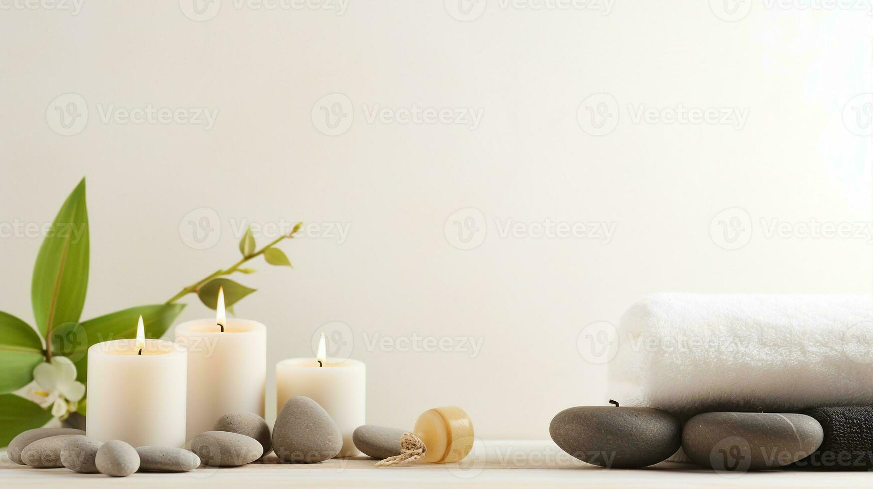 Banner Anzeigen ein heiter Spa Einstellung, aromatisch Kerzen, wesentlich Öle, Massage Steine, vorschlagen Entspannung. generativ ai foto