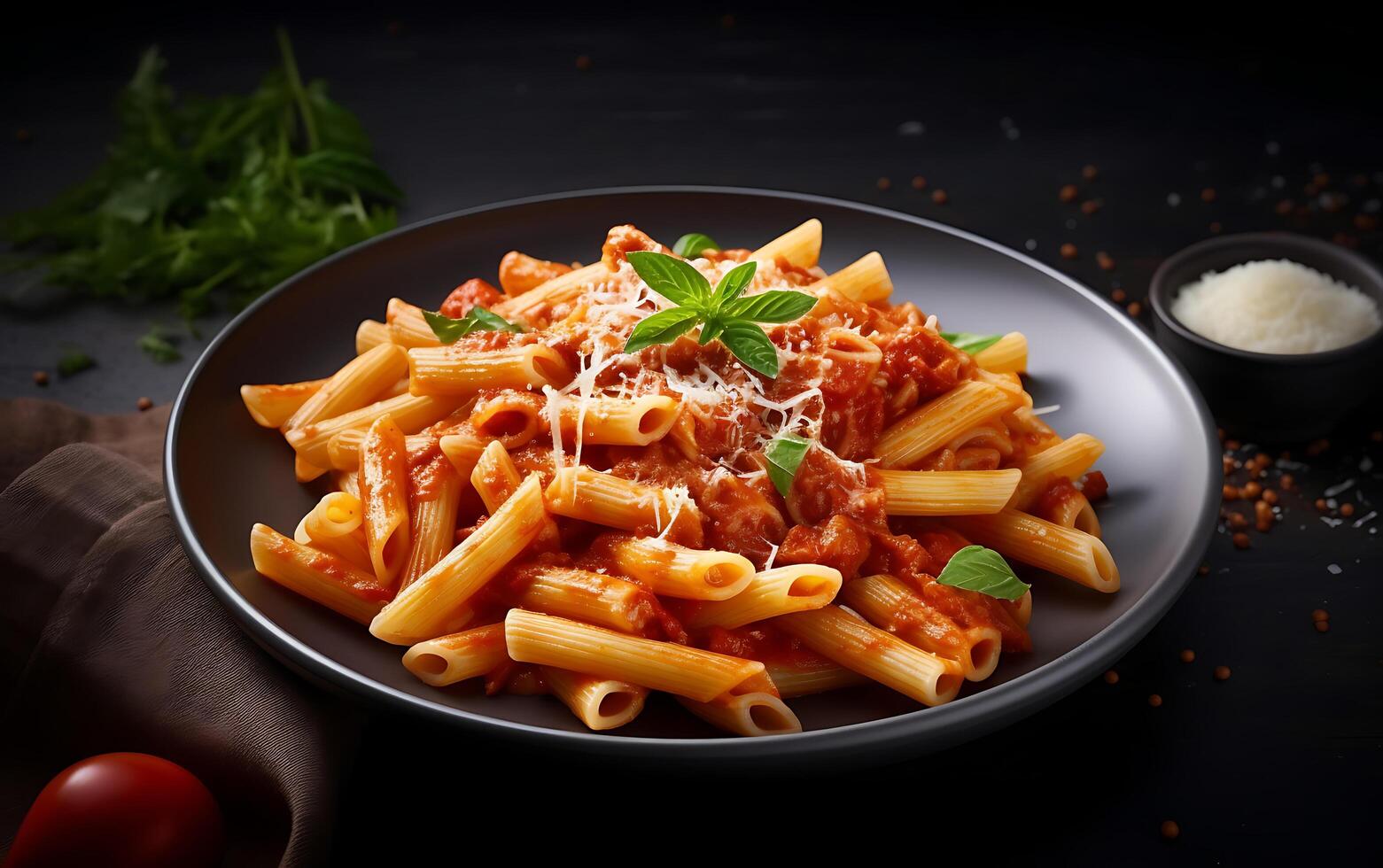 Pasta mit Tomate Soße serviert im Schüssel oben Aussicht mit Kopieren Raum foto