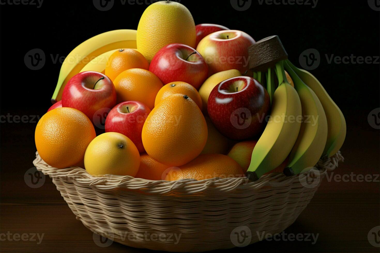 ein köstlich Anordnung von Banane, Pfirsich, Apfel, und Orange im ein Obst Korb ai generiert foto