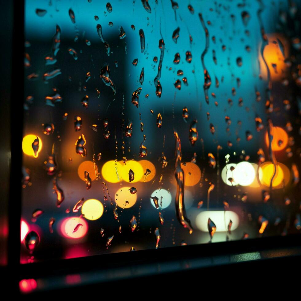 abstrakt Nacht Szene Fenster mit bunt Regentropfen, verschwommen Stadt Beleuchtung zum Sozial Medien Post Größe ai generiert foto