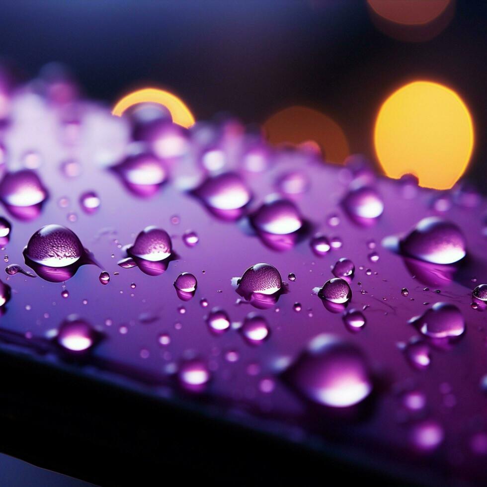 schließen oben Aussicht von Regentropfen auf ein Fenster, geküsst durch lila Licht zum Sozial Medien Post Größe ai generiert foto