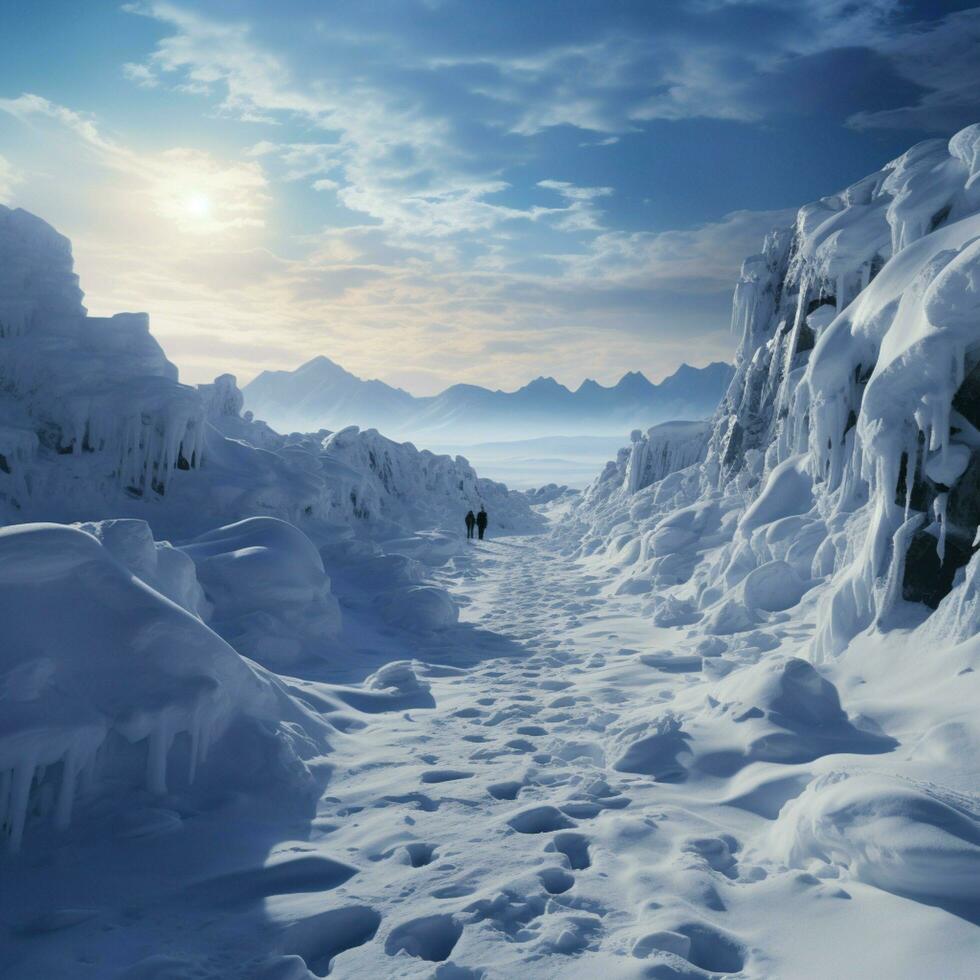 winterlich Wanderung Fußabdrücke aufsteigen Hügel wie Menschen wagen durch Schnee bedeckt Landschaft zum Sozial Medien Post Größe ai generiert foto