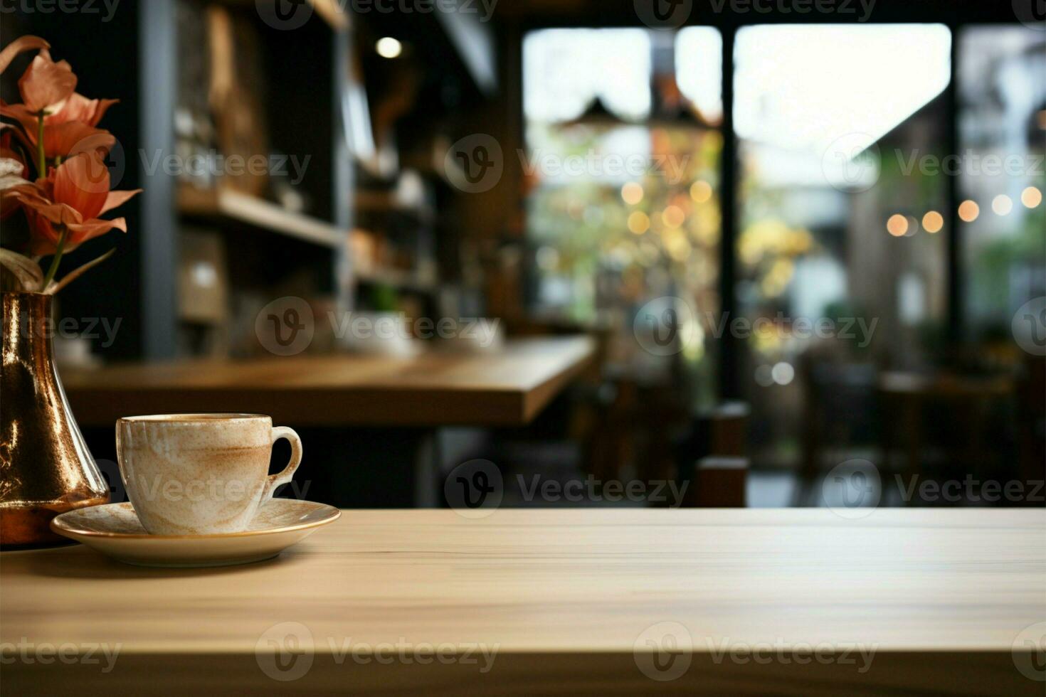 Kaffee Geschäft Ambiente ergänzt ein leeren Tabelle zum Produkt Anzeigen ai generiert foto