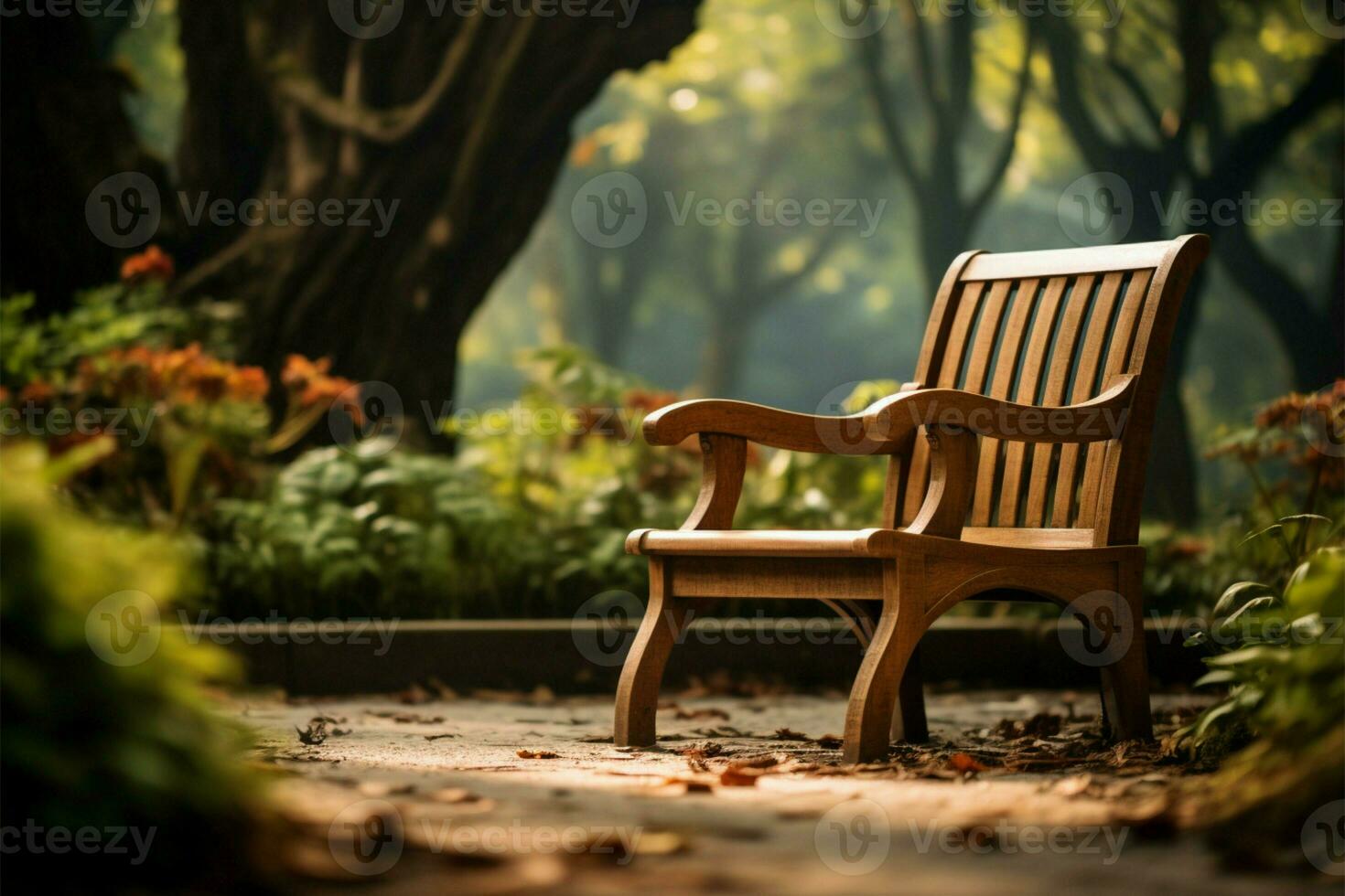 im das Gardens Stille, ein hölzern Stuhl winkt mit ein verschwommen locken ai generiert foto