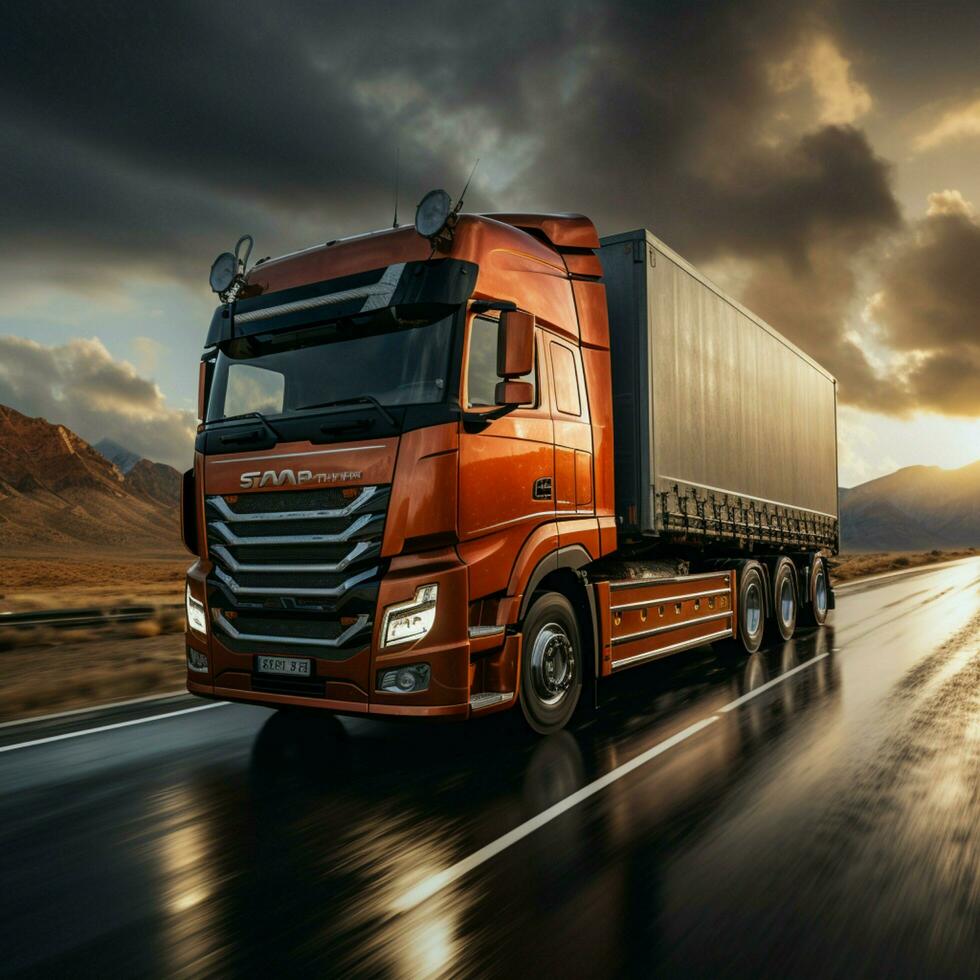 ausdrücken Straße gestreift Lastwagen Geschwindigkeit schafft Bewegung verwischen, verkörpern schnell Transport zum Sozial Medien Post Größe ai generiert foto