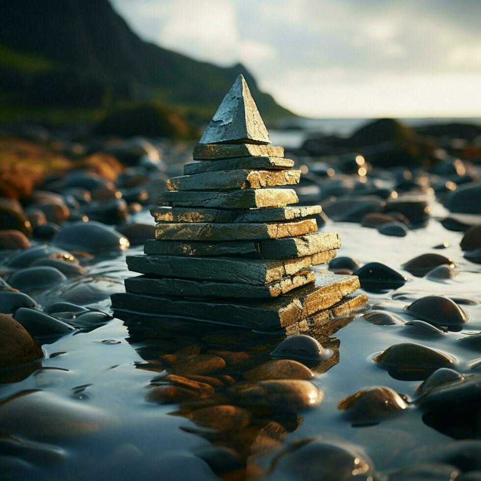 maritim Monument Meer Küste Steine bilden ein Pyramide, widerhallend uralt Traditionen durch Wellen zum Sozial Medien Post Größe ai generiert foto