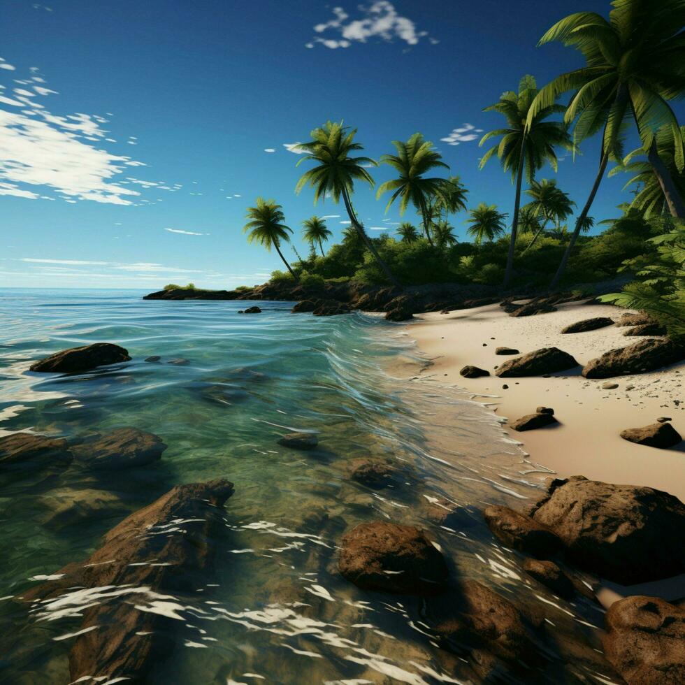 Strand Eleganz Palmen schwanken anmutig entlang das Ufer, Rahmung Ozeane locken zum Sozial Medien Post Größe ai generiert foto