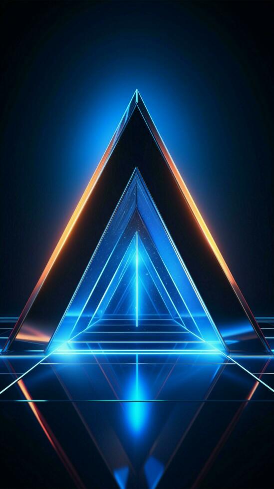 konzeptionelle Design Neon- Rhombus auf ein reflektierend Blau Hintergrund, 3d Vertikale Handy, Mobiltelefon Hintergrund ai generiert foto