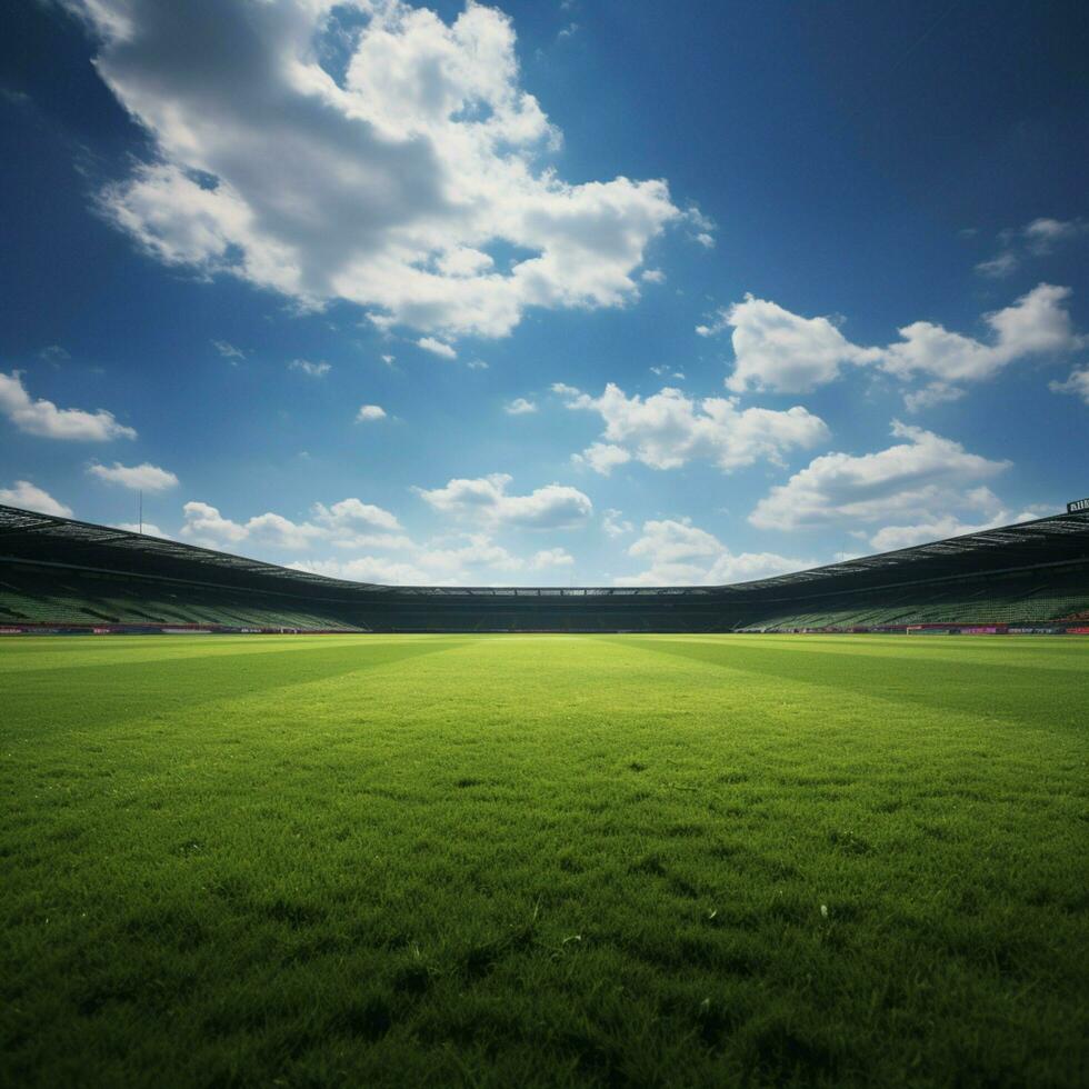 Fußballer Kern, makellos Grün Feld unter öffnen Himmel verkörpert Wesen zum Sozial Medien Post Größe ai generiert foto