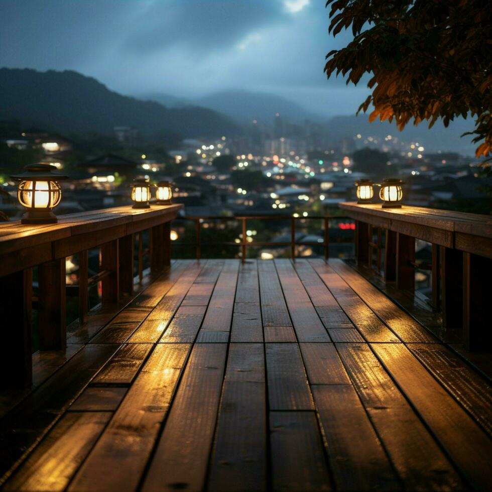 Aussicht von hölzern Planke über Phuket Stadt, Dorf beim Nacht zum Sozial Medien Post Größe ai generiert foto