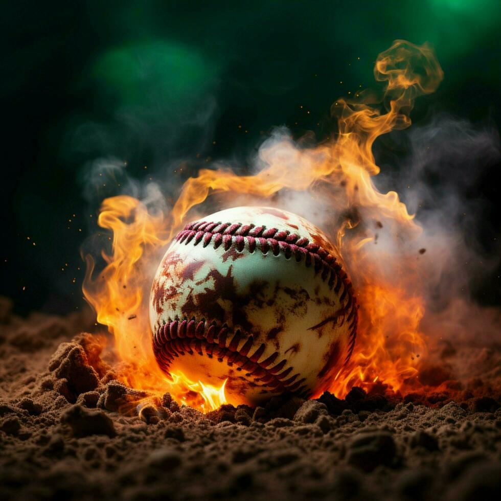 Baseball, beschwingt Farbe, gegen ein rauchig, dramatisch Hintergrund zum Sozial Medien Post Größe ai generiert foto