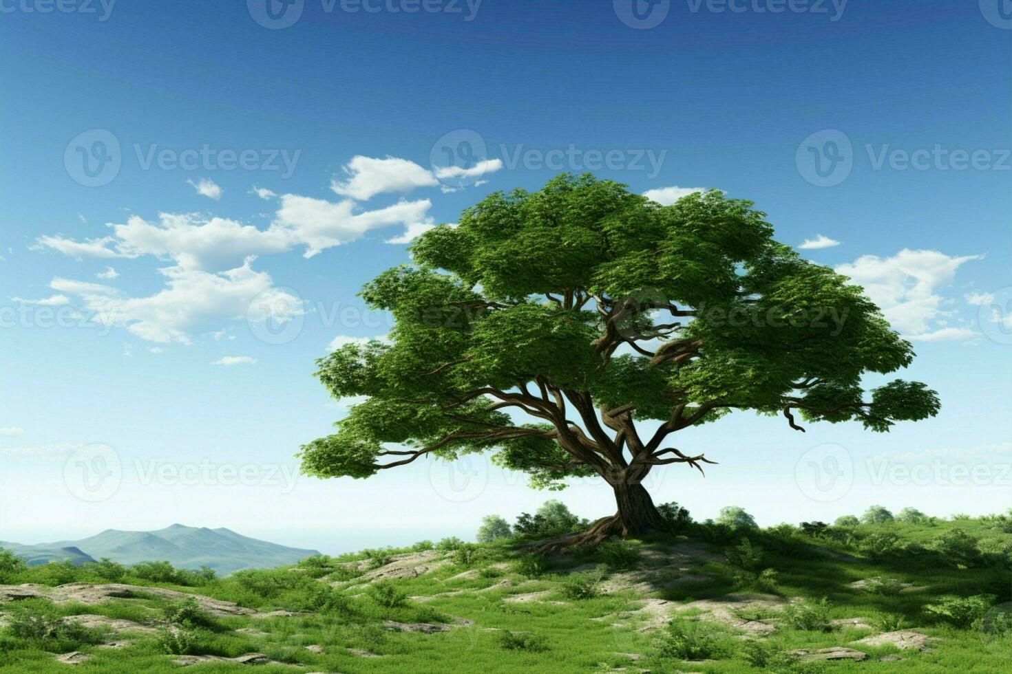ein kolossal Baum einstellen gegen ein Blau Himmel, ein 3d Natur Darstellung ai generiert foto