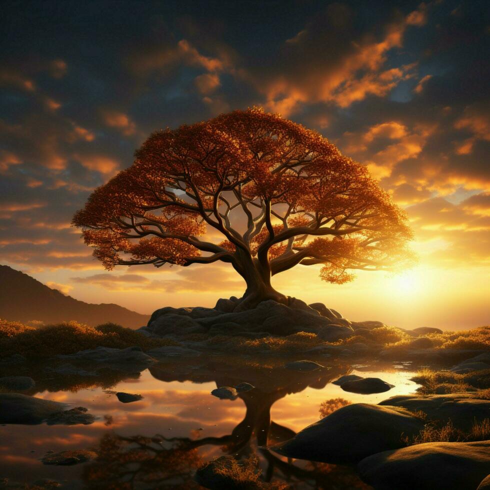 golden Wächter Sonne geküsst Baum Silhouette steht inmitten strahlend Sonnenstrahl Hintergrund zum Sozial Medien Post Größe ai generiert foto