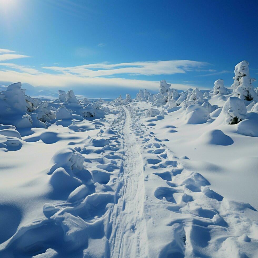 bergauf im Schnee Mensch Fußabdrücke dokumentieren entschlossen steigen durch winterlich Hügel zum Sozial Medien Post Größe ai generiert foto