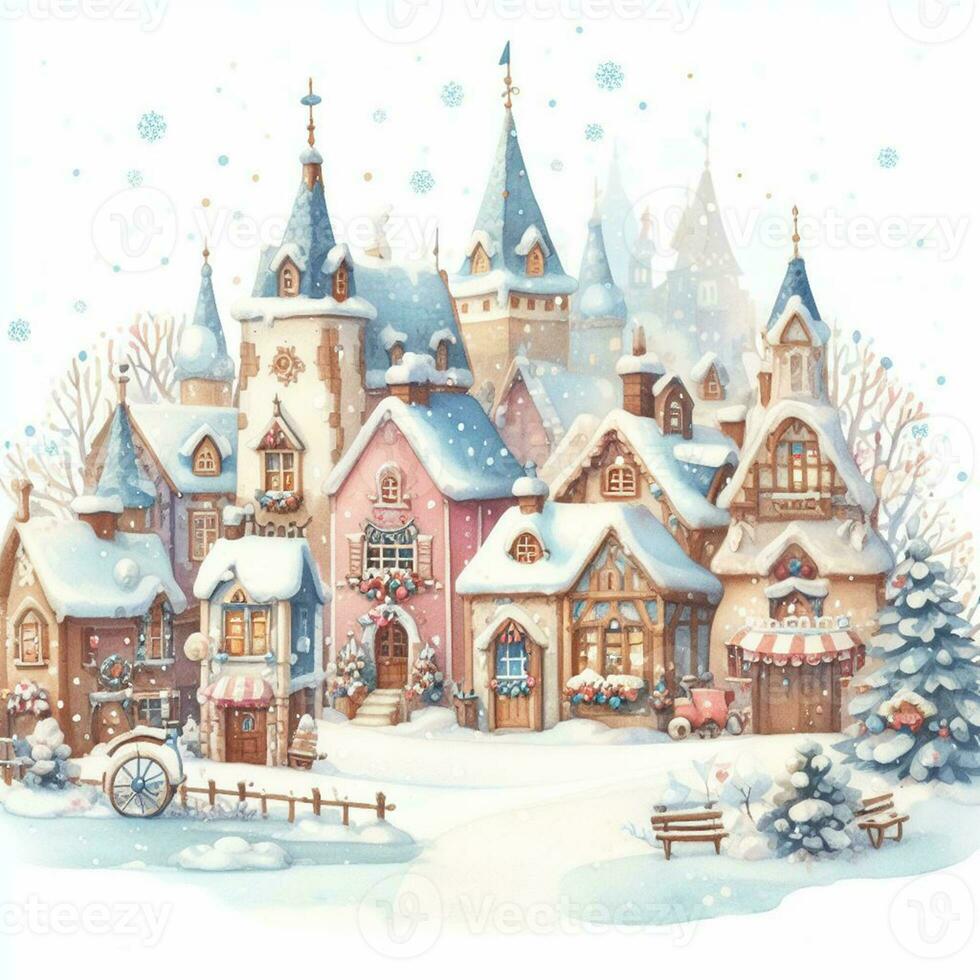 Aquarell schön Winter süß Stadt, Dorf Landschaft mit Schnee bedeckt Häuser. Aquarell malen. Stadtbild foto