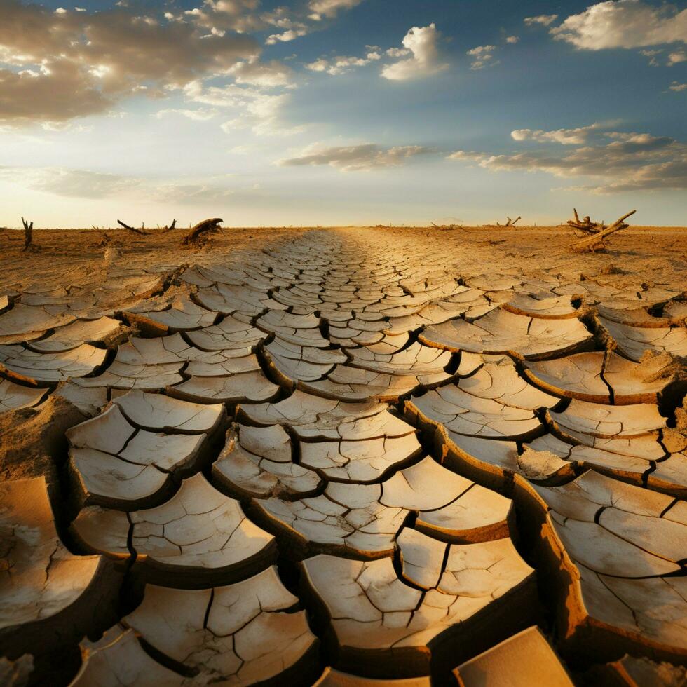 Naturen Alarm geknackt, getrocknet Boden im Wüste spricht von Klima Änderungen Schwere zum Sozial Medien Post Größe ai generiert foto