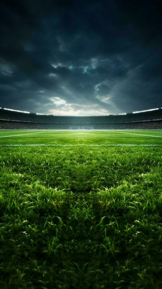 expansiv Grün Fußball Feld, bereit zum spannend Sport Aktion Vertikale Handy, Mobiltelefon Hintergrund ai generiert foto