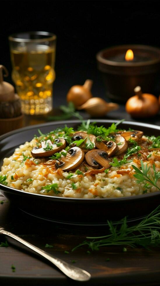 Risotto Schüssel, Bohnenkraut Pilze, elegant einstellen Tabelle Vertikale Handy, Mobiltelefon Hintergrund ai generiert foto