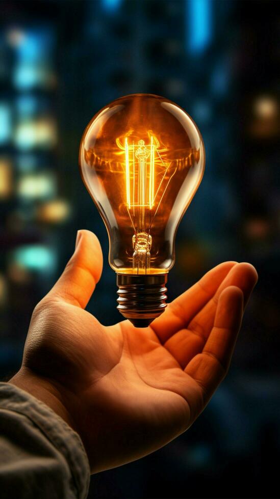 Hand mit leuchtend Birne symbolisiert Geschäft Innovation und Visionär Denken Vertikale Handy, Mobiltelefon Hintergrund ai generiert foto