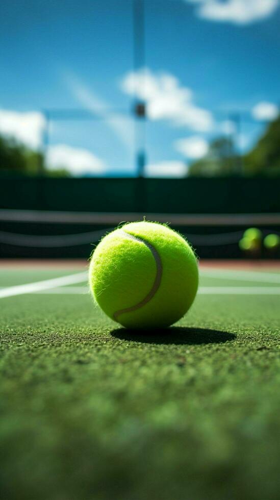 Grün Gericht summen, Rahmen bereit zum berauschend Tennis Spiel Aktion Vertikale Handy, Mobiltelefon Hintergrund ai generiert foto