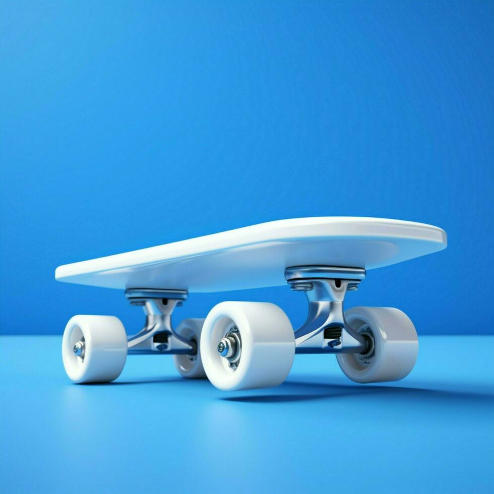 minimalistisch 3d machen, Weiß Skateboard Rahmen auf beschwingt Blau Hintergrund zum Sozial Medien Post Größe ai generiert foto