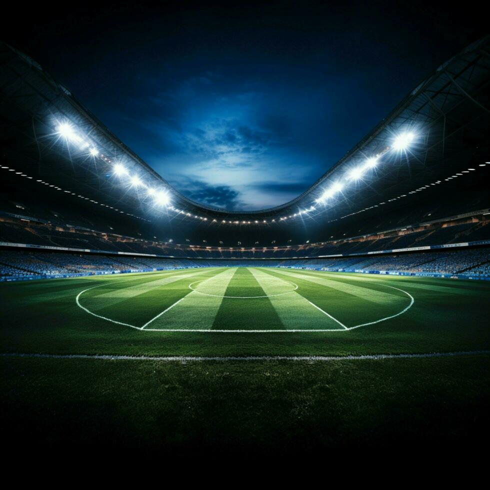 Stadion Scheinwerfer erstellen ein zauberhaft Atmosphäre auf das Fußball Feld zum Sozial Medien Post Größe ai generiert foto