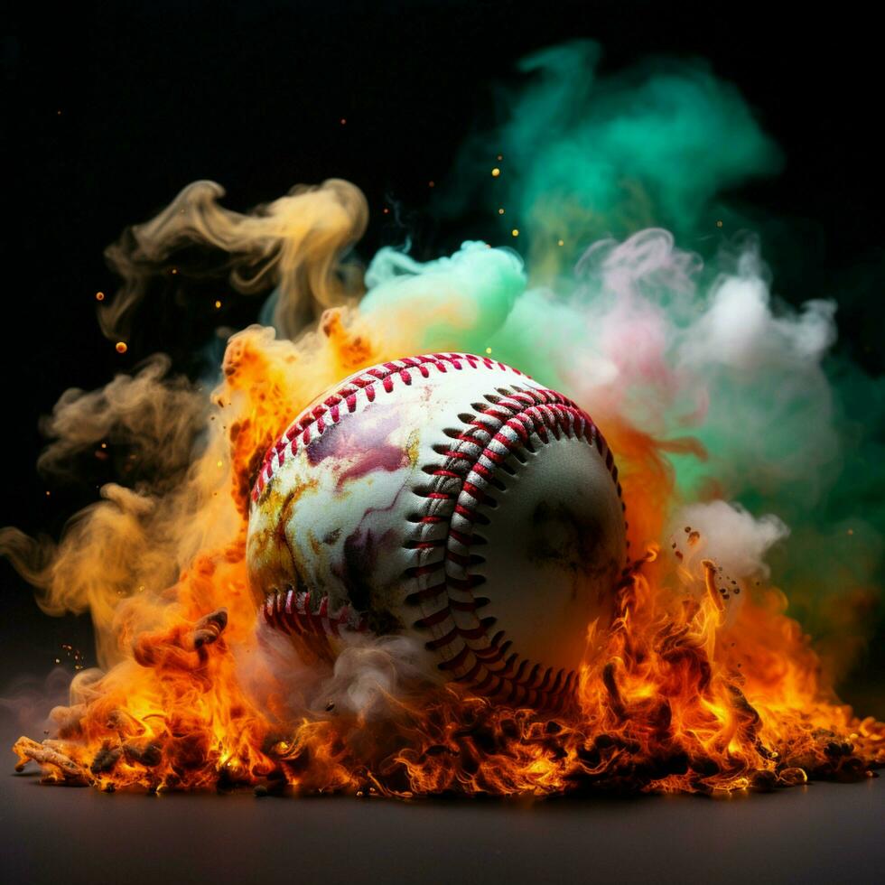 bunt Baseball Pops gegen ein mysteriös, rauchig Hintergrund zum Sozial Medien Post Größe ai generiert foto