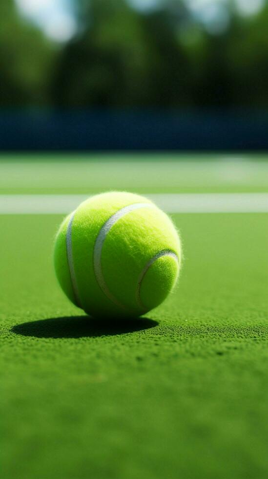 spielerisch Spiel entfaltet sich auf ein Grün Tennis Gericht mit ein Ball Vertikale Handy, Mobiltelefon Hintergrund ai generiert foto