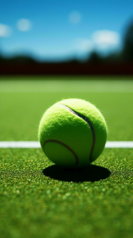 spielerisch Spiel entfaltet sich auf ein Grün Tennis Gericht mit ein Ball Vertikale Handy, Mobiltelefon Hintergrund ai generiert foto