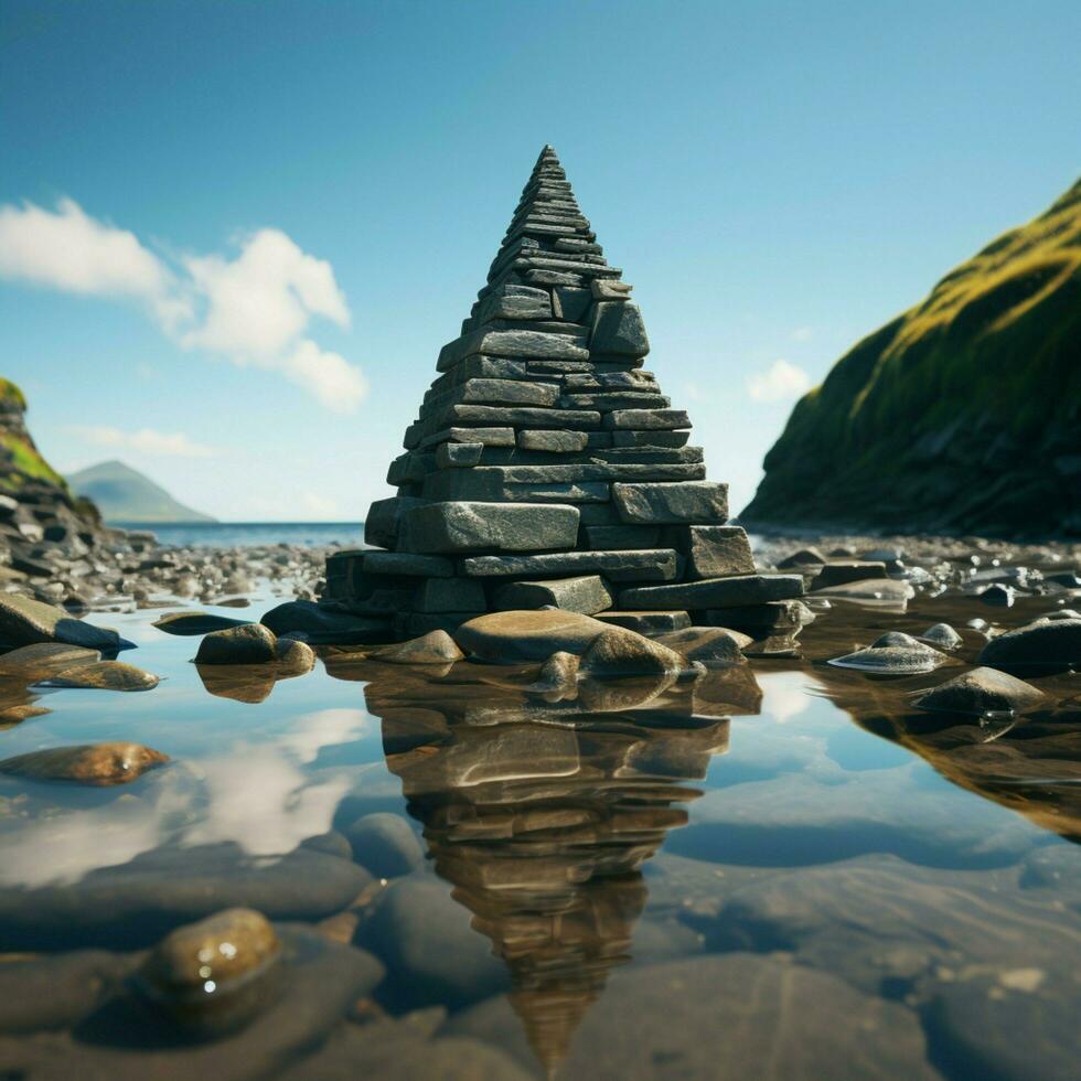 maritim Monument Meer Küste Steine bilden ein Pyramide, widerhallend uralt Traditionen durch Wellen zum Sozial Medien Post Größe ai generiert foto