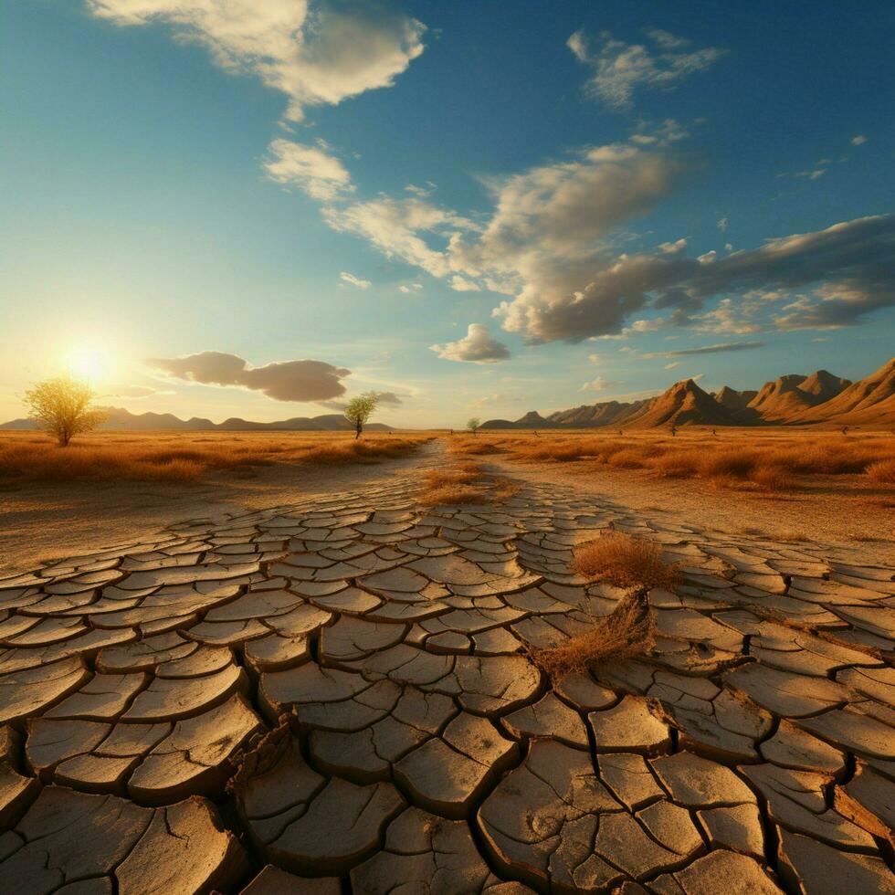 Wüsten Notlage geknackt, ausgedörrt Boden spiegelt Klima Änderungen hart Einschlag auf Land zum Sozial Medien Post Größe ai generiert foto