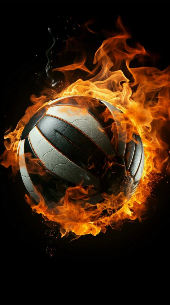 ein Volleyball verschlungen im Flammen steht aus gegen ein schwarz Hintergrund Vertikale Handy, Mobiltelefon Hintergrund ai generiert foto