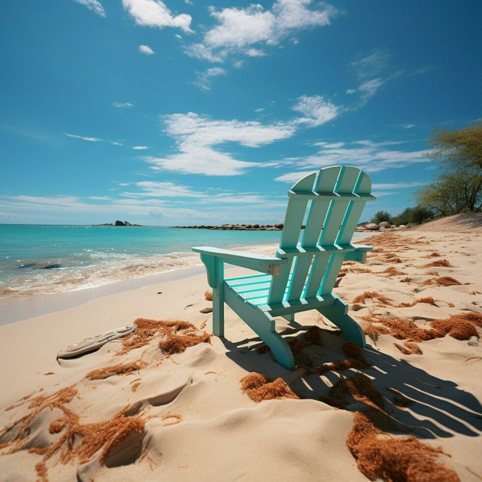 Küste Entspannung Strand Stühle auf Weiß Sand unter sonnig Blau Himmel zum Sozial Medien Post Größe ai generiert foto