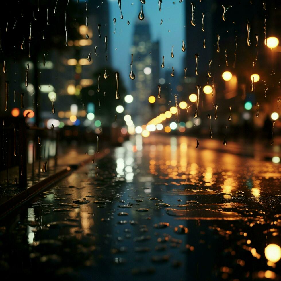 nachtaktiv Stadtbild durch Regen gesprenkelt Glas, Hintergrund erweicht durch verwischen zum Sozial Medien Post Größe ai generiert foto