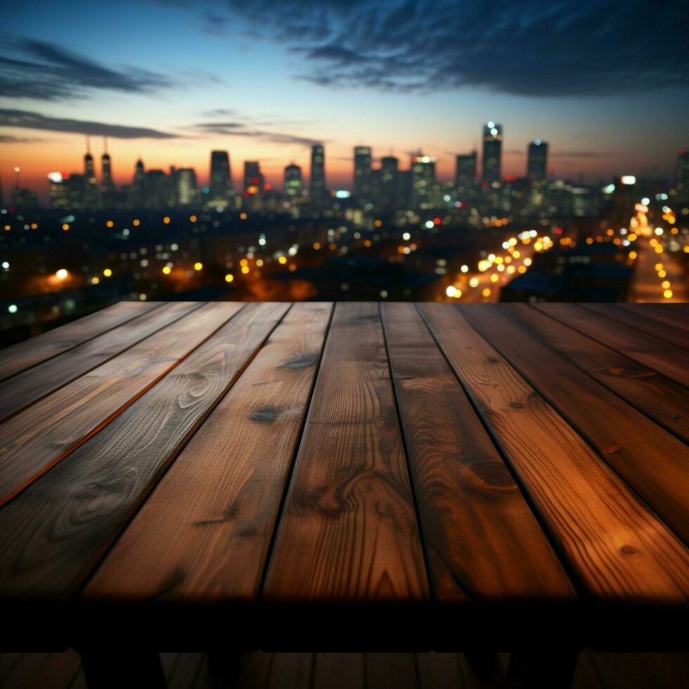 Horizont Dämmerung verschwommen Nacht Himmel, hölzern Tabelle im das Mitte von Urbanität zum Sozial Medien Post Größe ai generiert foto