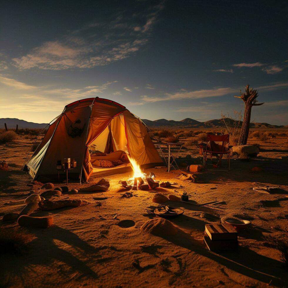 hat verloren im Wüste Ruhe Campingplatz im Fernbedienung unfruchtbar Land, Umarmen Isolierung zum Sozial Medien Post Größe ai generiert foto