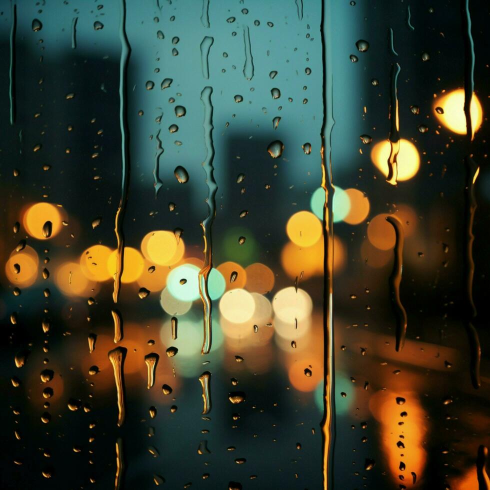 Nacht Städte Beleuchtung diffus durch Glas, Regentropfen Erstellen ein verträumt Hintergrund zum Sozial Medien Post Größe ai generiert foto
