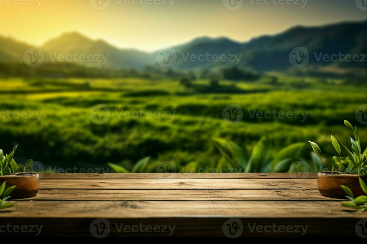 Tee Plantagen Schönheit im das Hintergrund, hölzern Fußboden im Voraus ai generiert foto