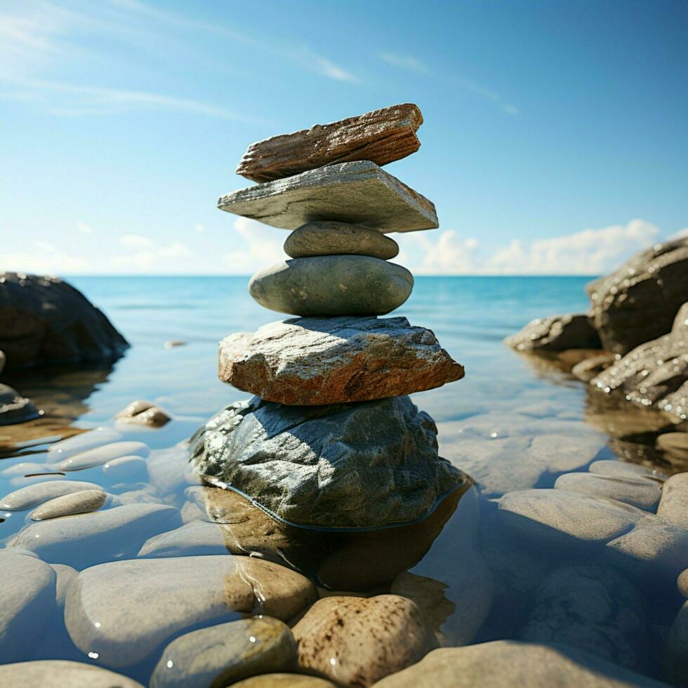 direkt am Strand Relikt Steine gestapelt wie ein Pyramide, mit Blick auf das expansiv Meer Weite zum Sozial Medien Post Größe ai generiert foto