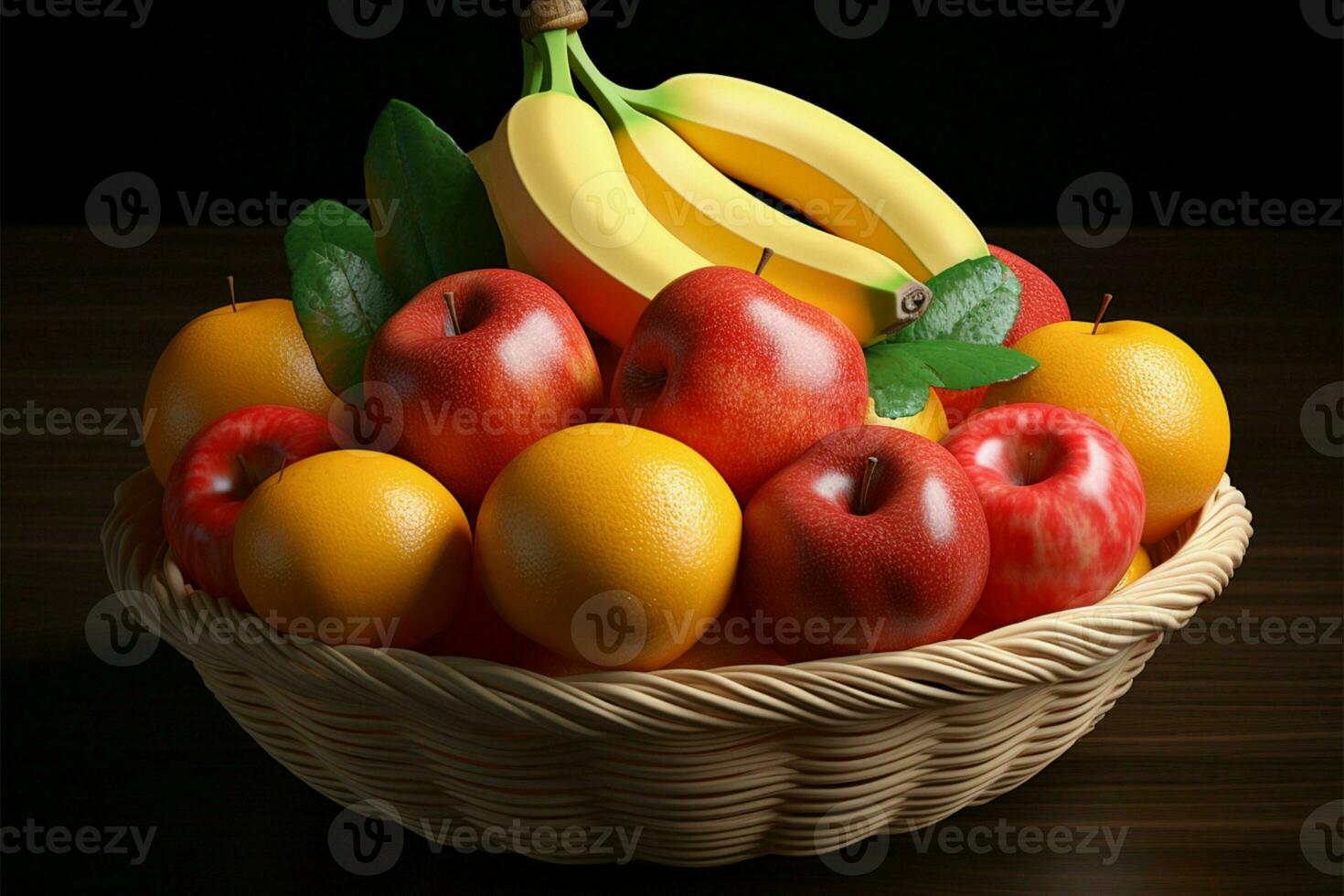 ein Obst Korb präsentieren ein vielfältig Quartett von Banane, Pfirsich, Apfel, und Orange ai generiert foto