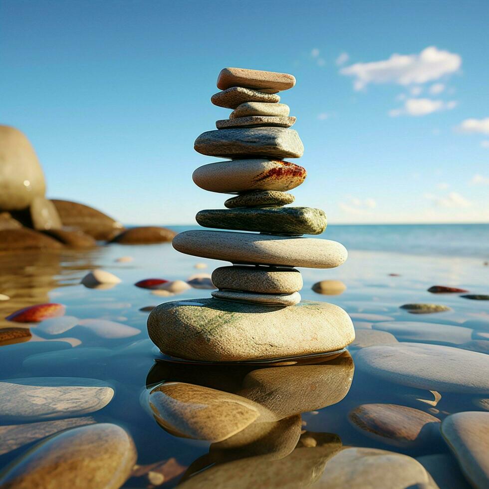 direkt am Strand Relikt Steine gestapelt wie ein Pyramide, mit Blick auf das expansiv Meer Weite zum Sozial Medien Post Größe ai generiert foto