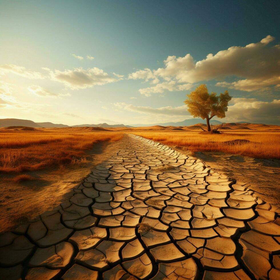 Klima Krise trocken Erde, geknackt und trocken, erzählt von Ändern Wüste Landschaft zum Sozial Medien Post Größe ai generiert foto