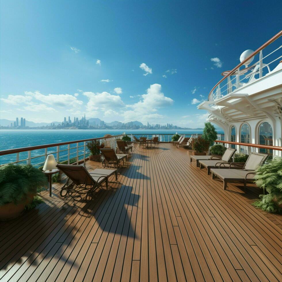 Deck Panorama, Kreuzfahrt Schiff Sicht, Clipart-Stil nautisch Szene gebracht zu Illustration zum Sozial Medien Post Größe ai generiert foto
