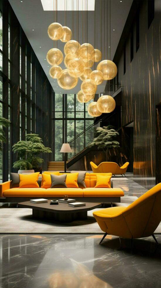 3d gerendert Luxus Hotel Rezeption zeitgenössisch Salon, auffällig Gelb Sitzplätze Vertikale Handy, Mobiltelefon Hintergrund ai generiert foto